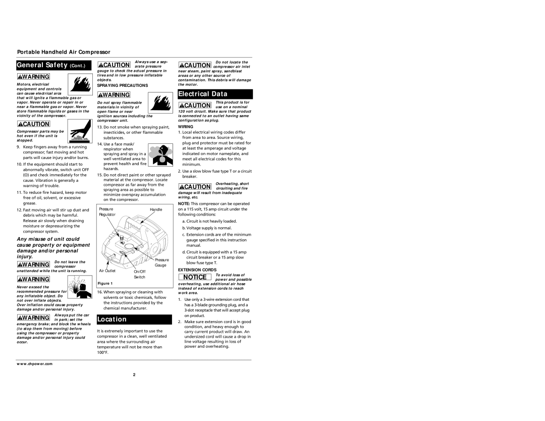 Campbell Hausfeld FP2031, FP2030, FP2033, FP2032 Location, Portable Handheld Air Compressor, Wiring, Extension Cords 