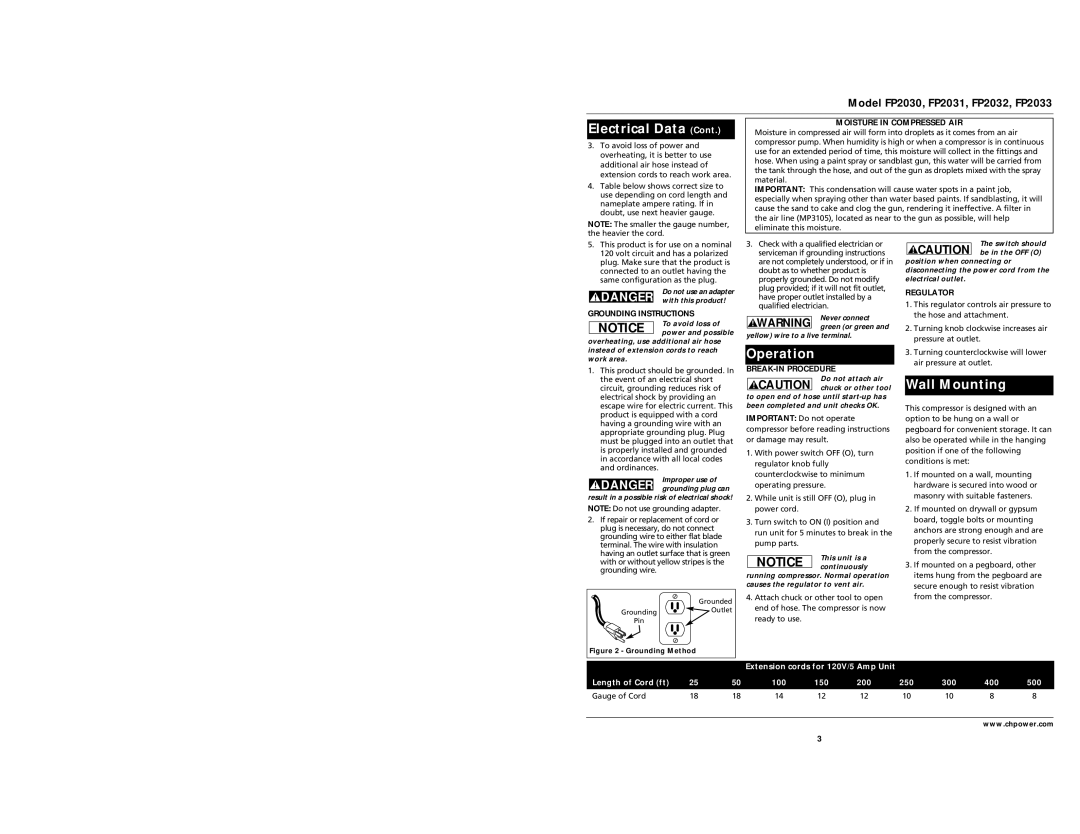 Campbell Hausfeld operating instructions Electrical Data, Operation, Wall Mounting, Model FP2030, FP2031, FP2032, FP2033 