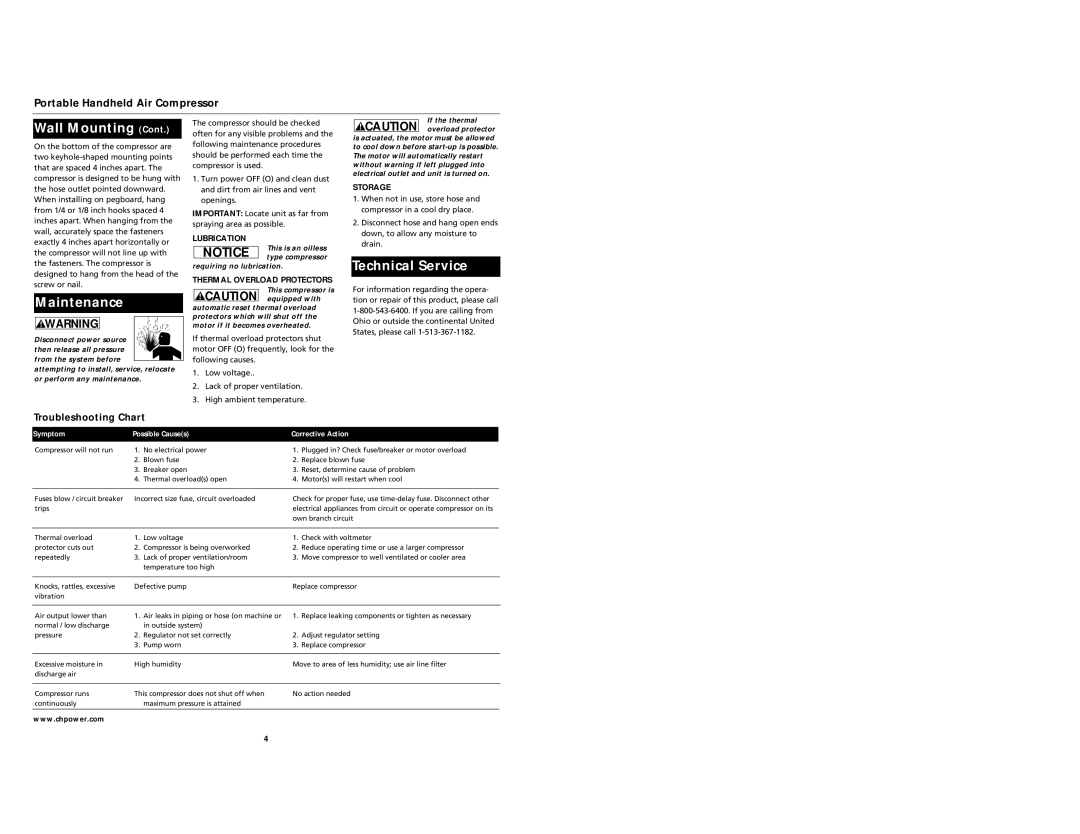 Campbell Hausfeld FP2030, FP2033, FP2031, FP2032 operating instructions Maintenance, Technical Service, Troubleshooting Chart 