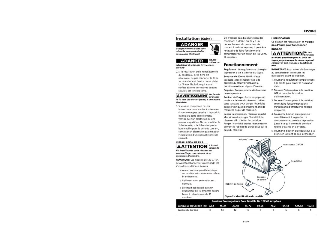 Campbell Hausfeld FP2040 operating instructions Installation Suite, Fonctionnement, Avertissement brancher 