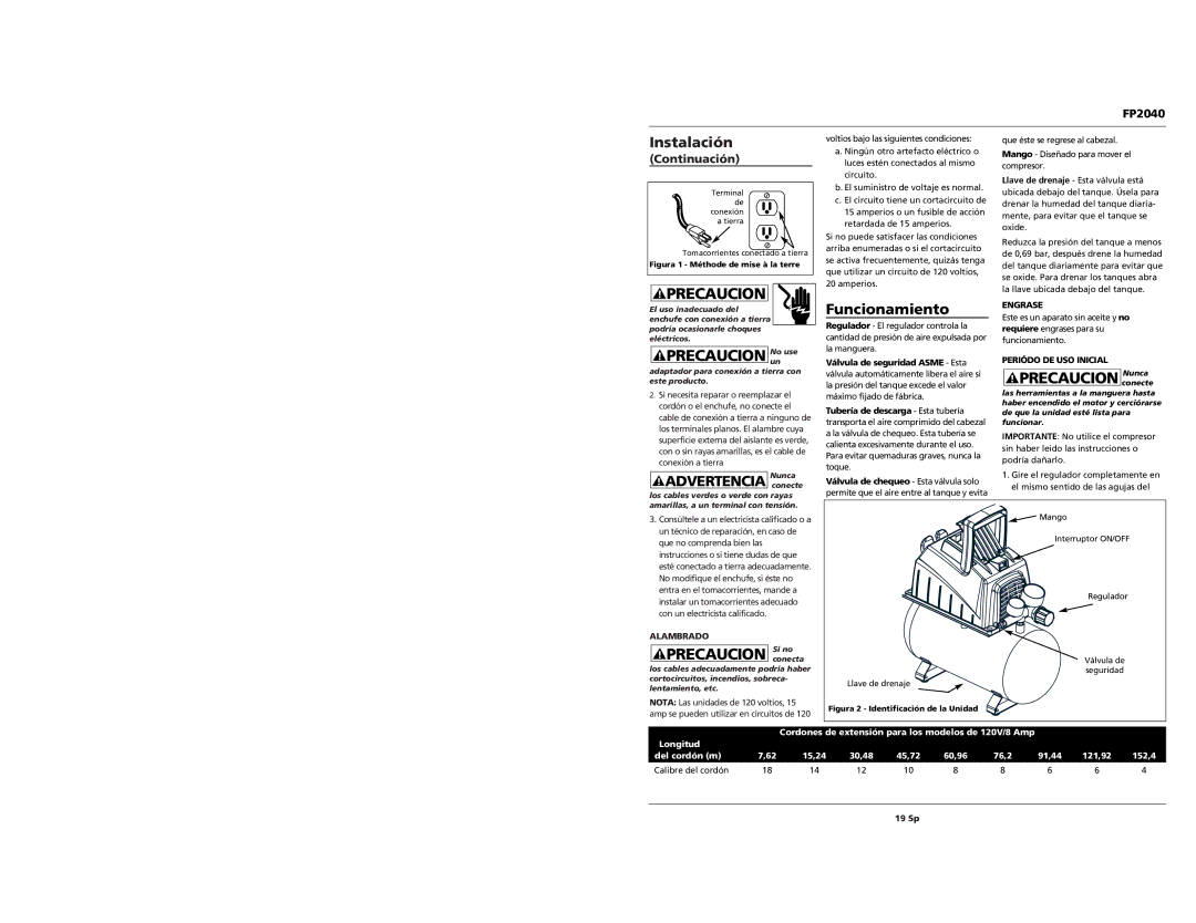 Campbell Hausfeld FP2040 operating instructions Funcionamiento, Advertencia Nuncaconecte, Continuación 