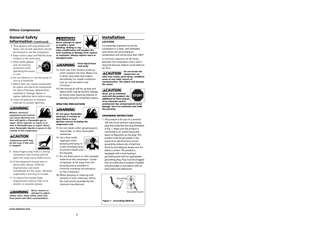 Campbell Hausfeld FP2040 Installation, Oilless Compressors, Spraying Precautions, Location, Grounding Instructions 