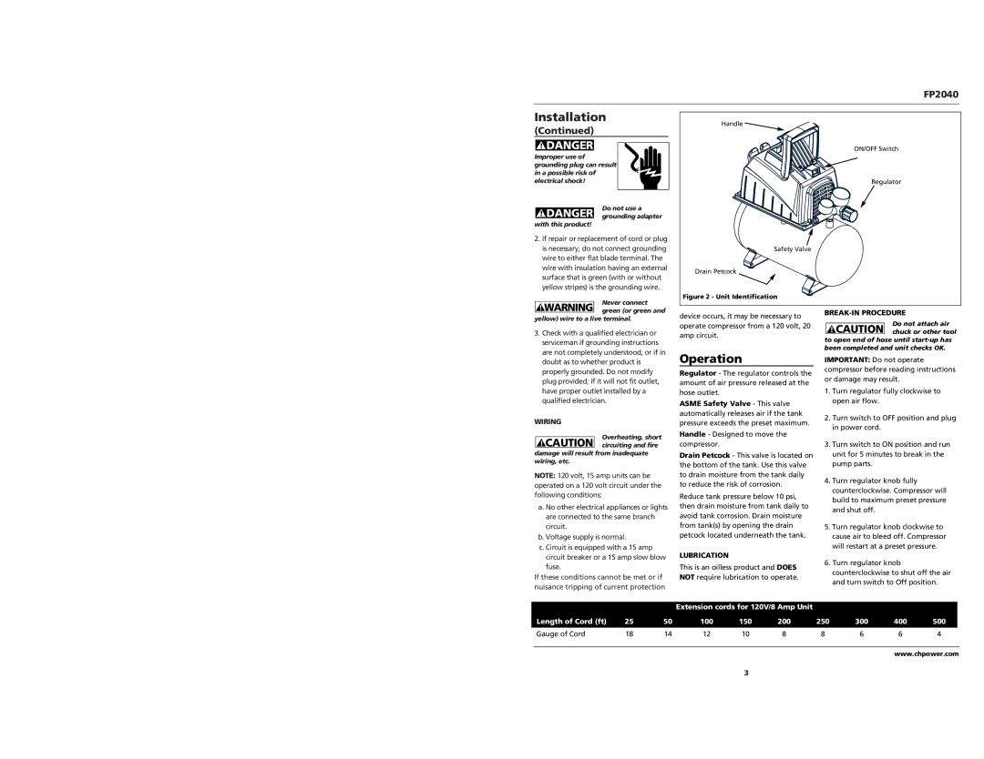 Campbell Hausfeld FP2040 operating instructions Operation, BREAK-IN Procedure, Wiring, Lubrication 