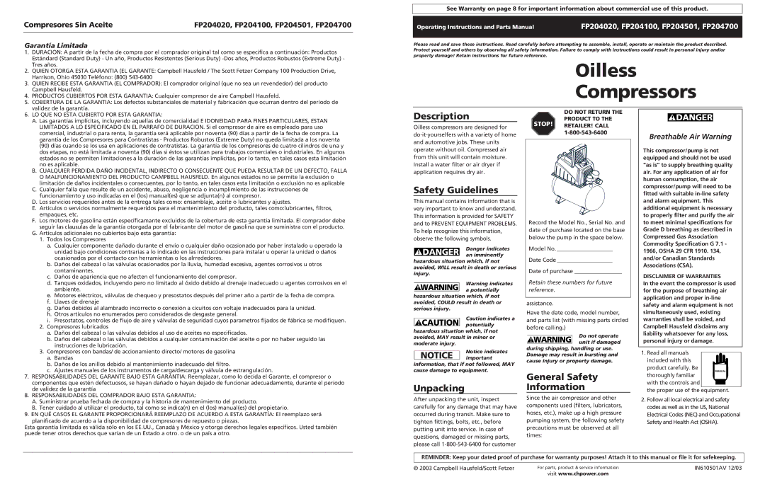 Campbell Hausfeld FP204100, FP204501 operating instructions Oilless Compressors, Description, Safety Guidelines, Unpacking 