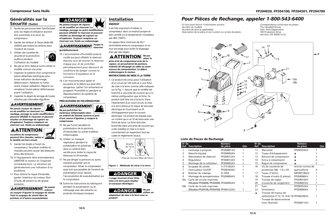 Campbell Hausfeld FP204700 Généralités sur la Sécurité Suite, Liste de Pieces de Rechange, Précautions DE Pulvérisation 