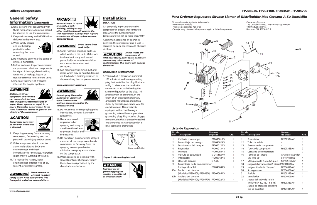 Campbell Hausfeld Installation, Oilless Compressors FP204020, FP204100, FP204501, FP204700, Liste de Repuestos 