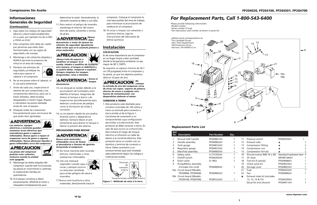 Campbell Hausfeld FP204020, FP204501, FP204100, FP204700 Advertencia Nuncadebe, Advertencia Drene el, Replacement Parts List 