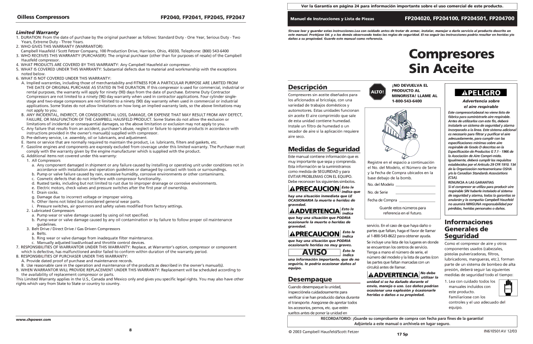 Campbell Hausfeld FP204501, FP204100, FP204700 Compresores Sin Aceite, Descripción, Medidas de Seguridad, Desempaque 