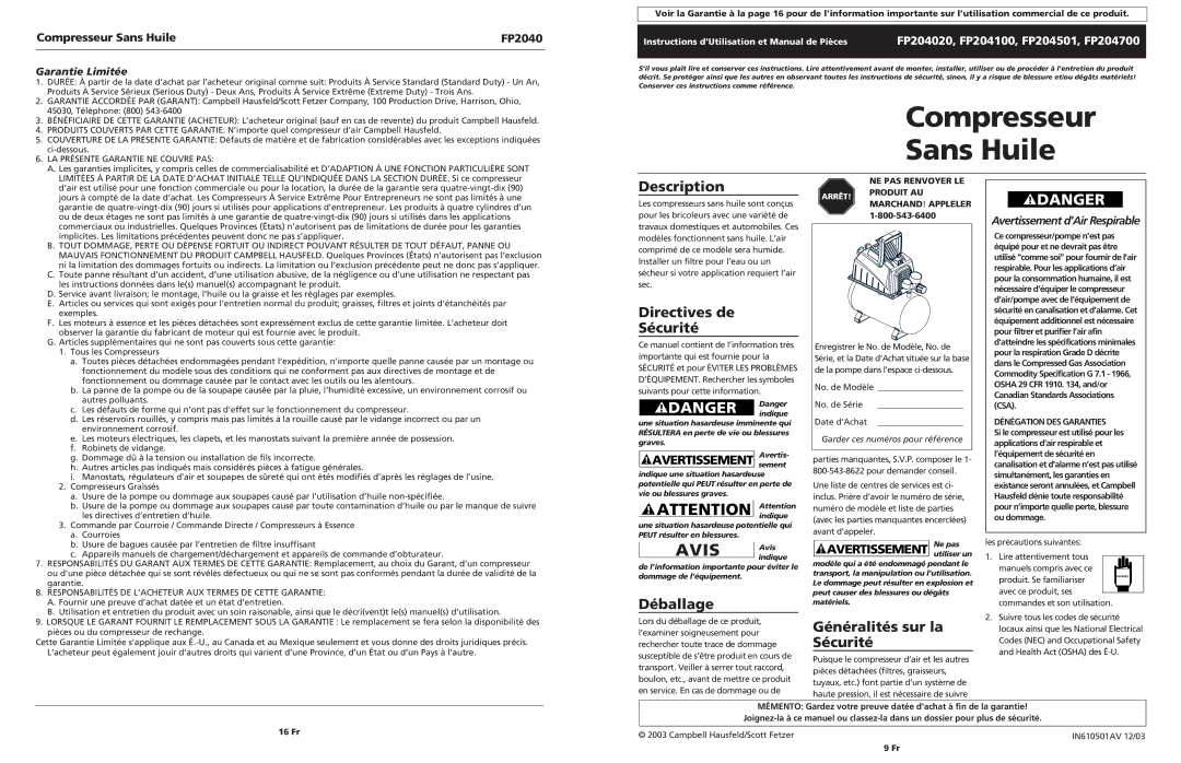 Campbell Hausfeld FP204100 Compresseur Sans Huile, Directives de Sécurité, Déballage, Généralités sur la Sécurité 