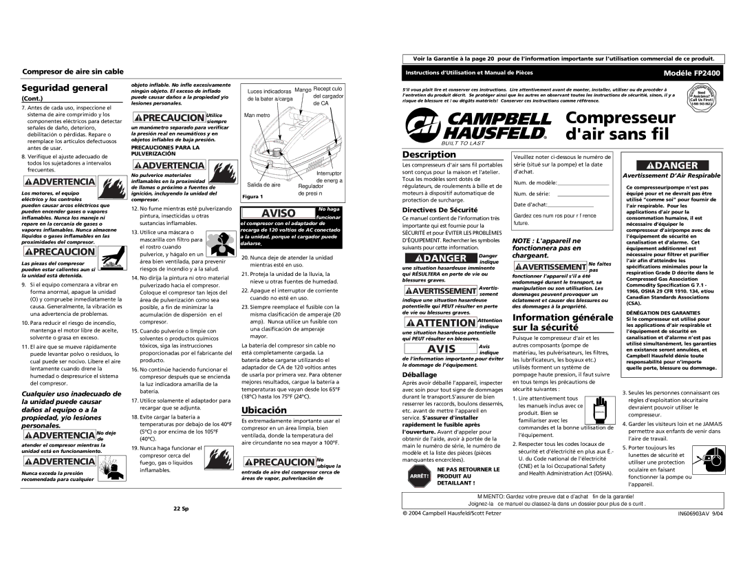 Campbell Hausfeld FP2400 Seguridad general, Directives De Sécurité, Déballage, Precauciones Para LA Pulverización 