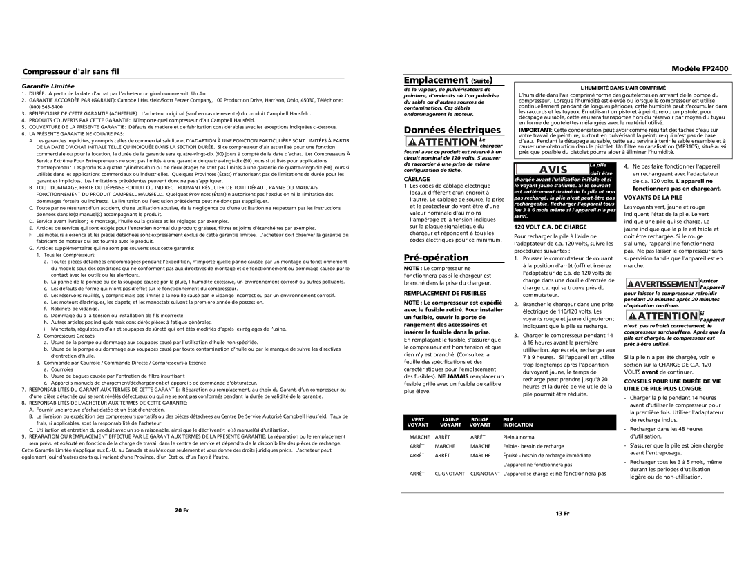 Campbell Hausfeld operating instructions Emplacement Suite, Données électriques, Pré-opération, Modéle FP2400 
