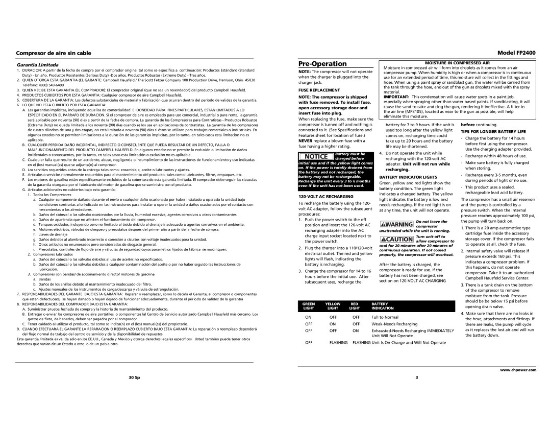 Campbell Hausfeld operating instructions Pre-Operation, Compresor de aire sin cable Model FP2400 