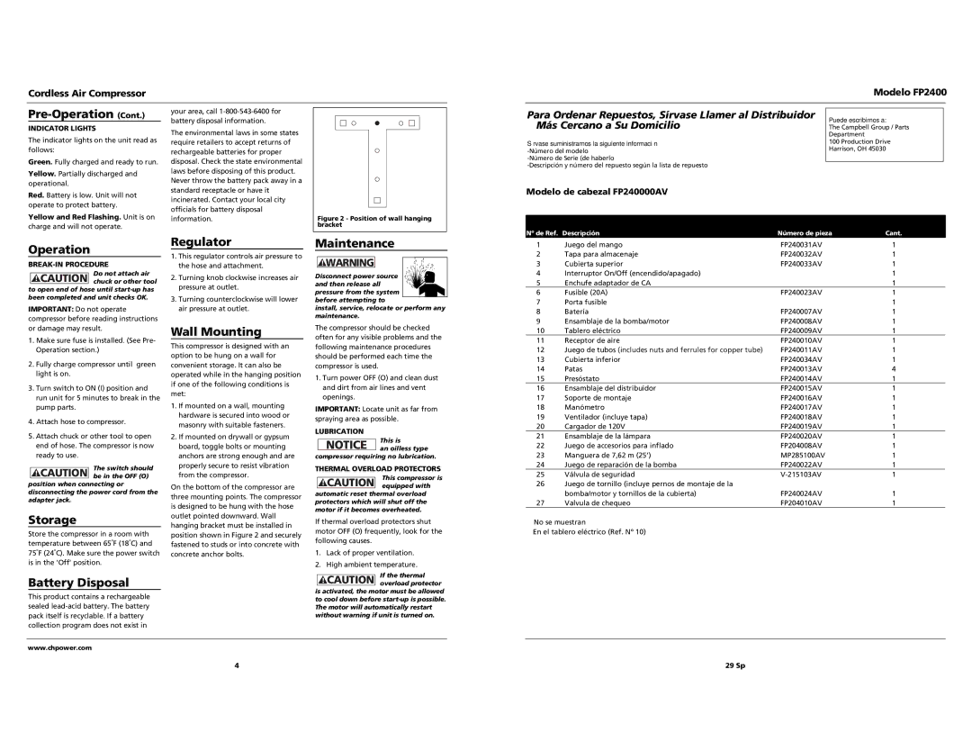 Campbell Hausfeld FP2400 operating instructions Operation, Storage, Battery Disposal, Regulator, Wall Mounting, Maintenance 