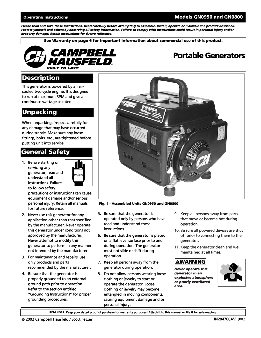 Campbell Hausfeld warranty Portable Generators, Description, Unpacking, General Safety, Models GN0950 and GN0800 