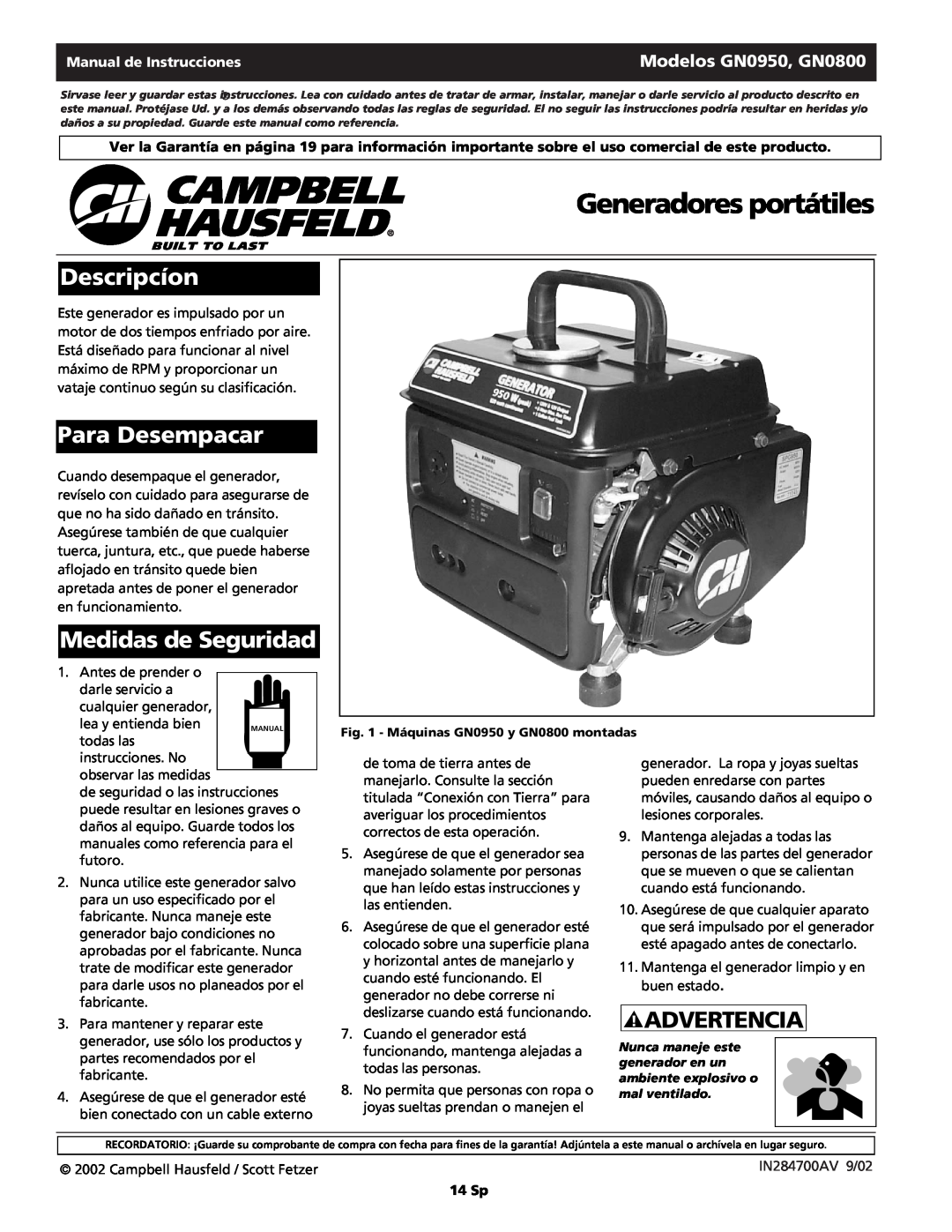 Campbell Hausfeld GN0950, GN0800 Generadores portátiles, Descripcíon, Para Desempacar, Medidas de Seguridad, Advertencia 