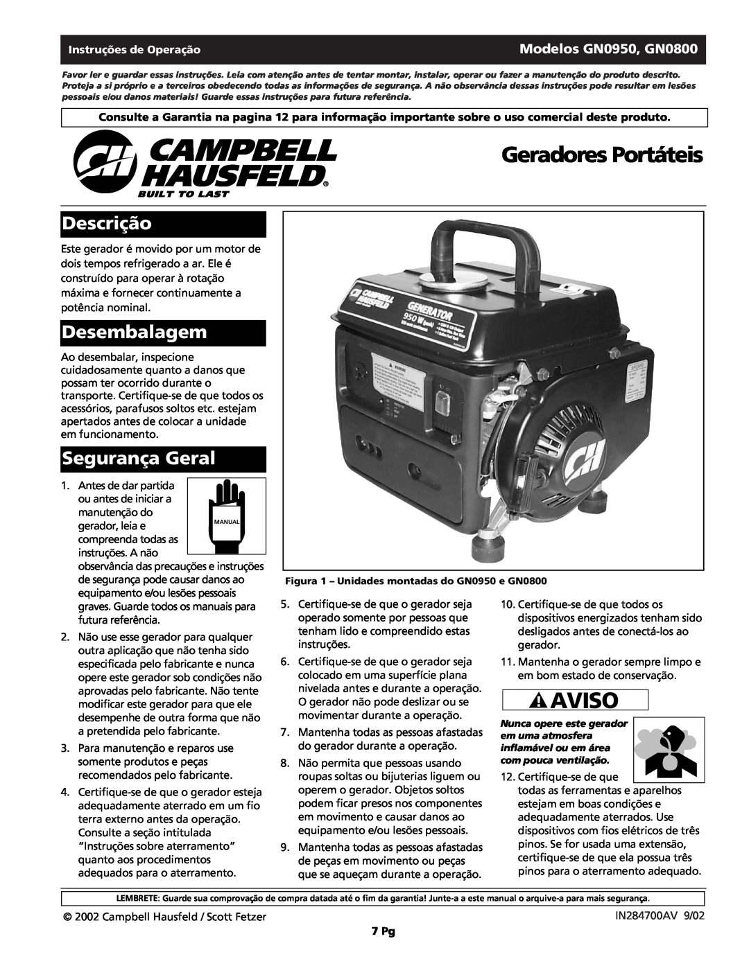 Campbell Hausfeld warranty Geradores Portáteis, Aviso, Descrição, Desembalagem, Segurança Geral, Modelos GN0950, GN0800 