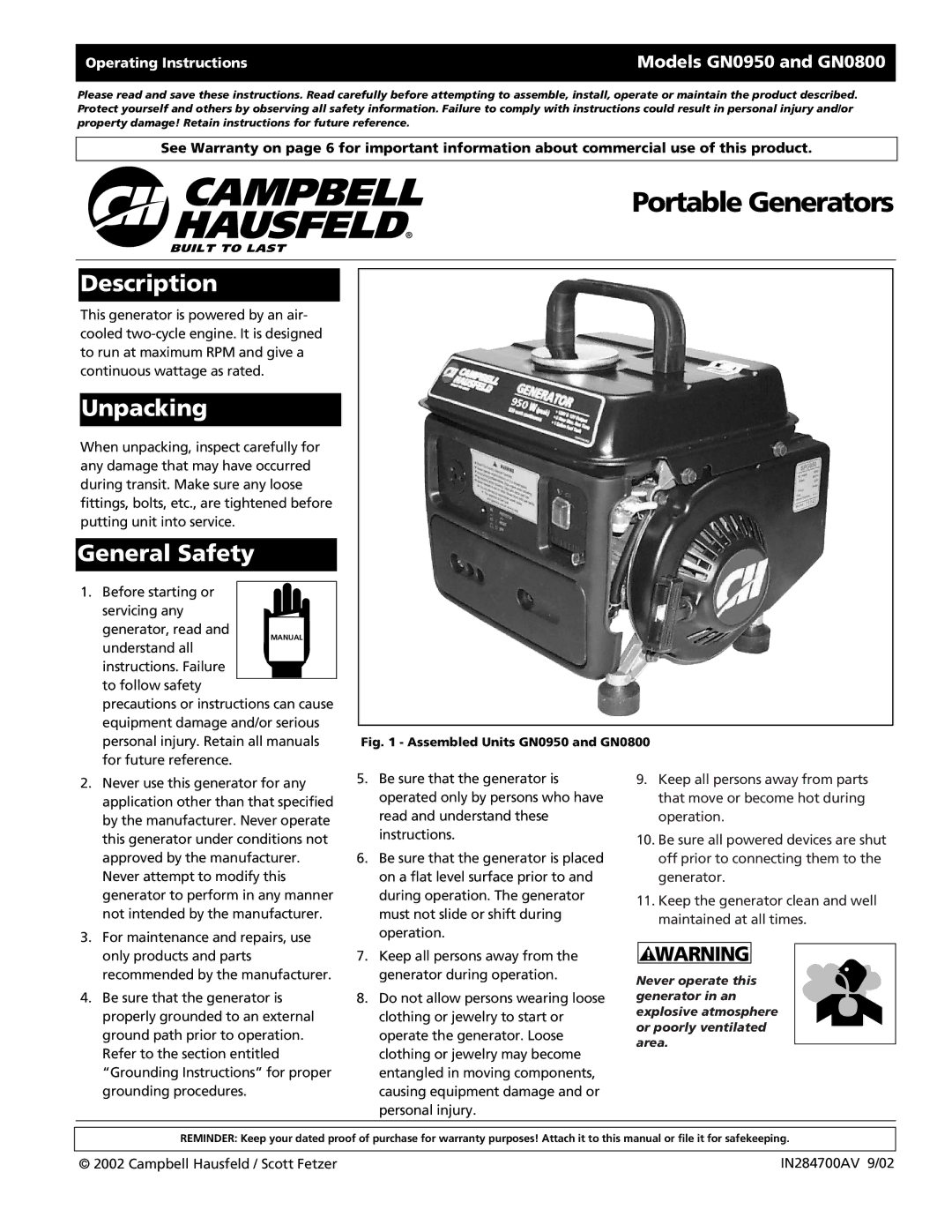 Campbell Hausfeld GN0800 warranty Portable Generators, Description, Unpacking, General Safety, Operating Instructions 