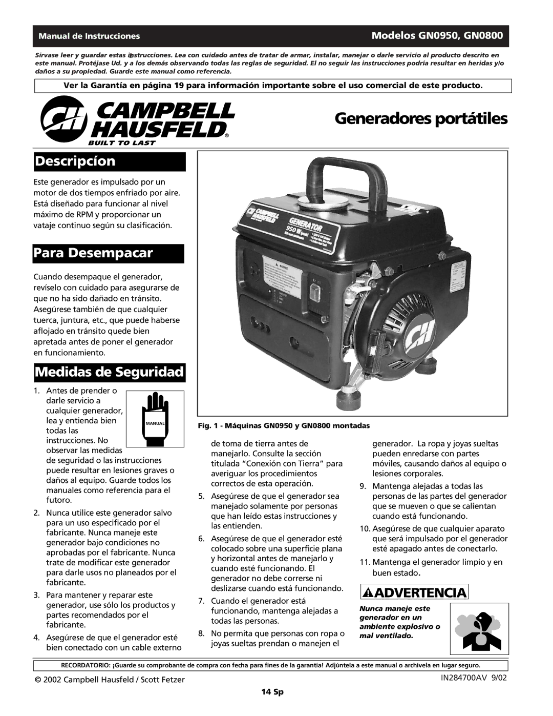 Campbell Hausfeld GN0950, GN0800 warranty Generadores portátiles, Descripcíon, Para Desempacar, Medidas de Seguridad 