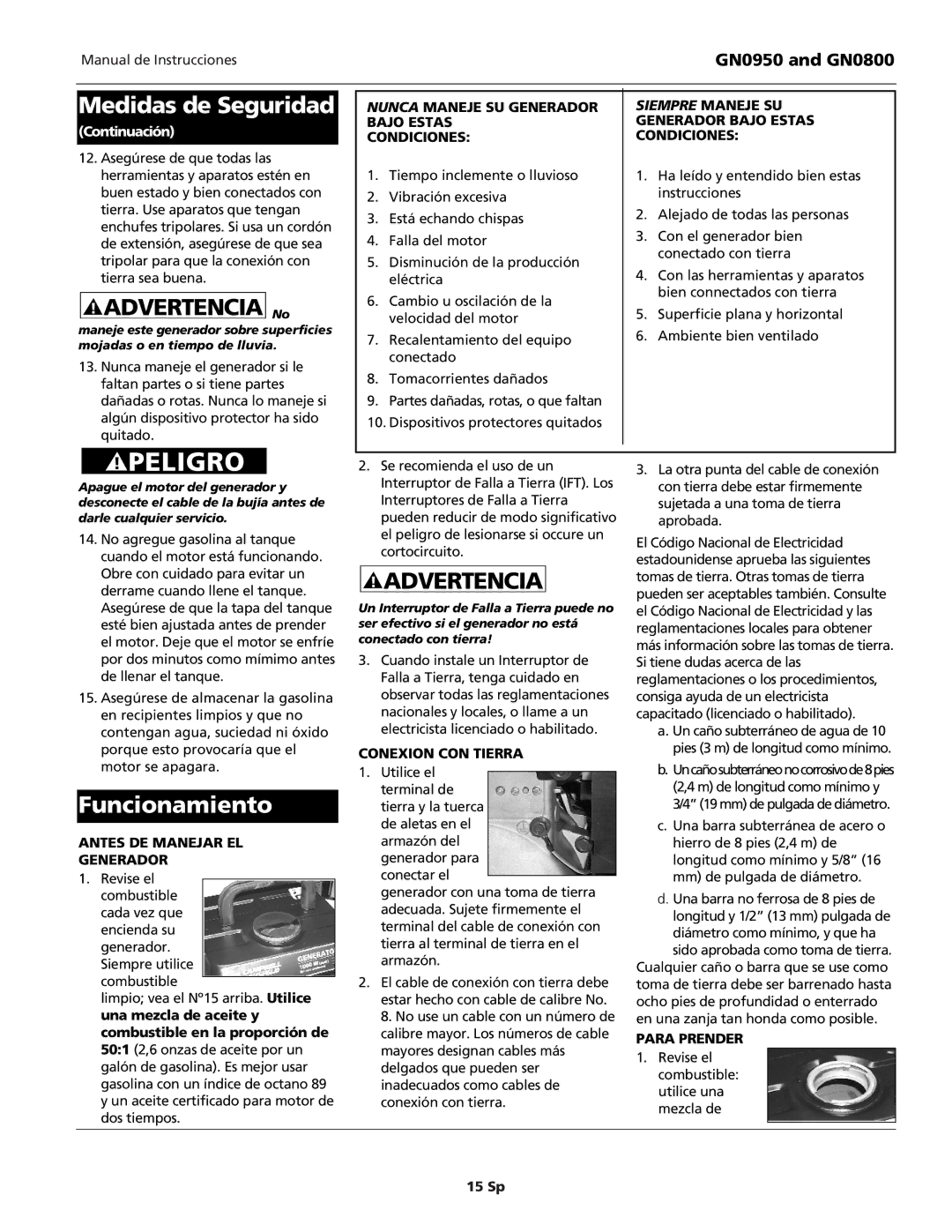 Campbell Hausfeld GN0800 Funcionamiento, Continuación, Antes DE Manejar EL Generador, Conexion CON Tierra, Para Prender 