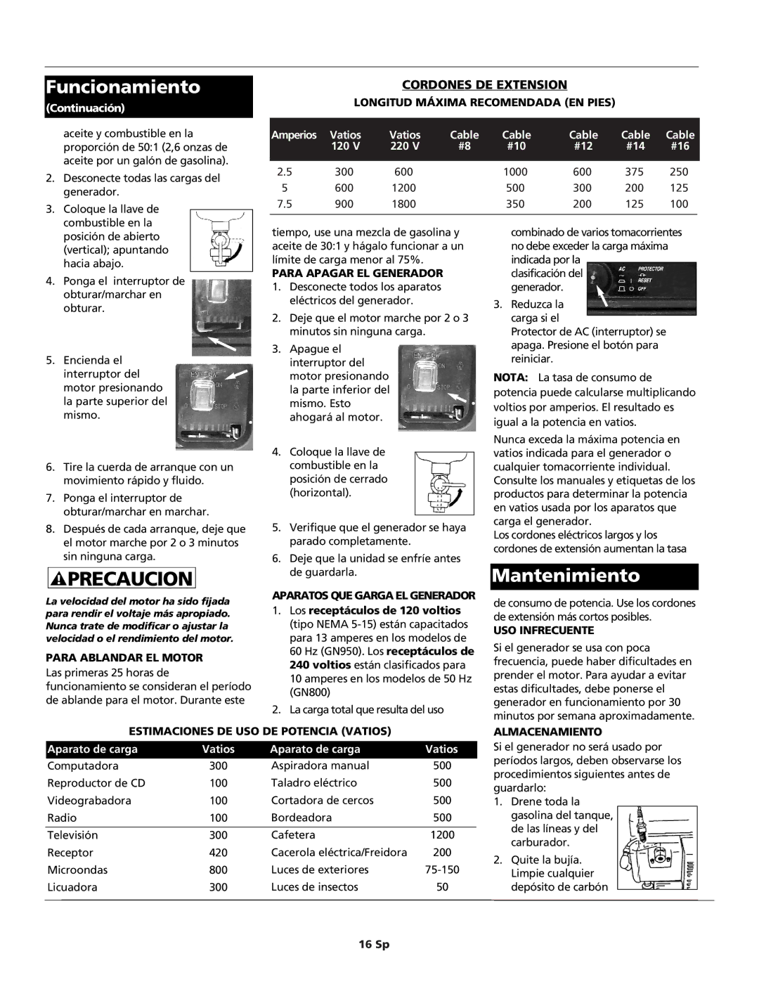 Campbell Hausfeld GN0950, GN0800 warranty Mantenimiento, Cordones DE Extension 