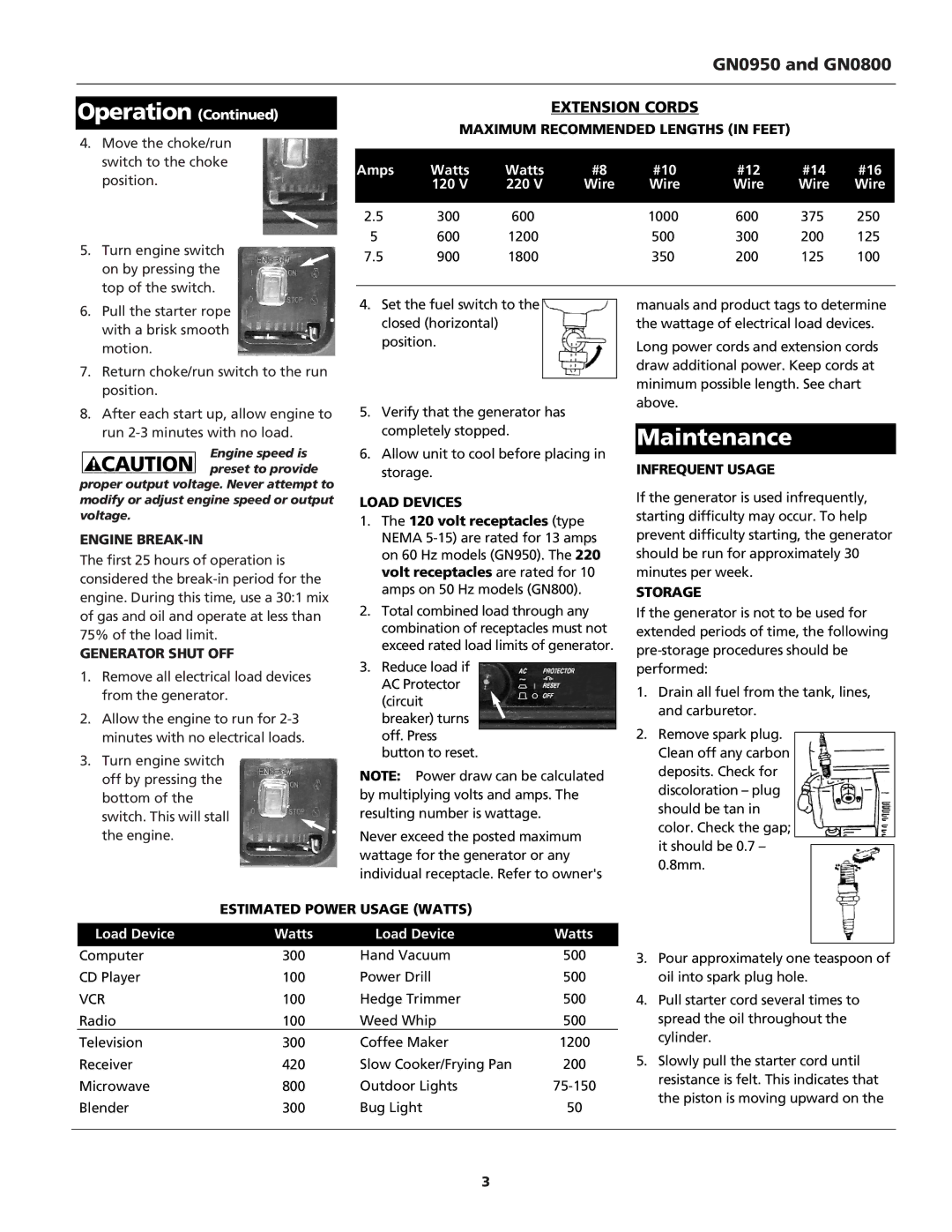 Campbell Hausfeld warranty Maintenance, GN0950 and GN0800, Extension Cords 