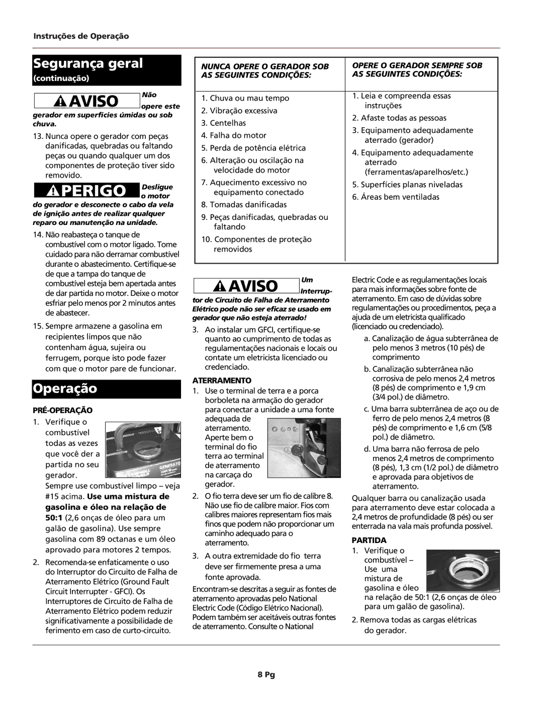 Campbell Hausfeld GN0950, GN0800 warranty Continuação, Pré-Operação, Aterramento, Partida 