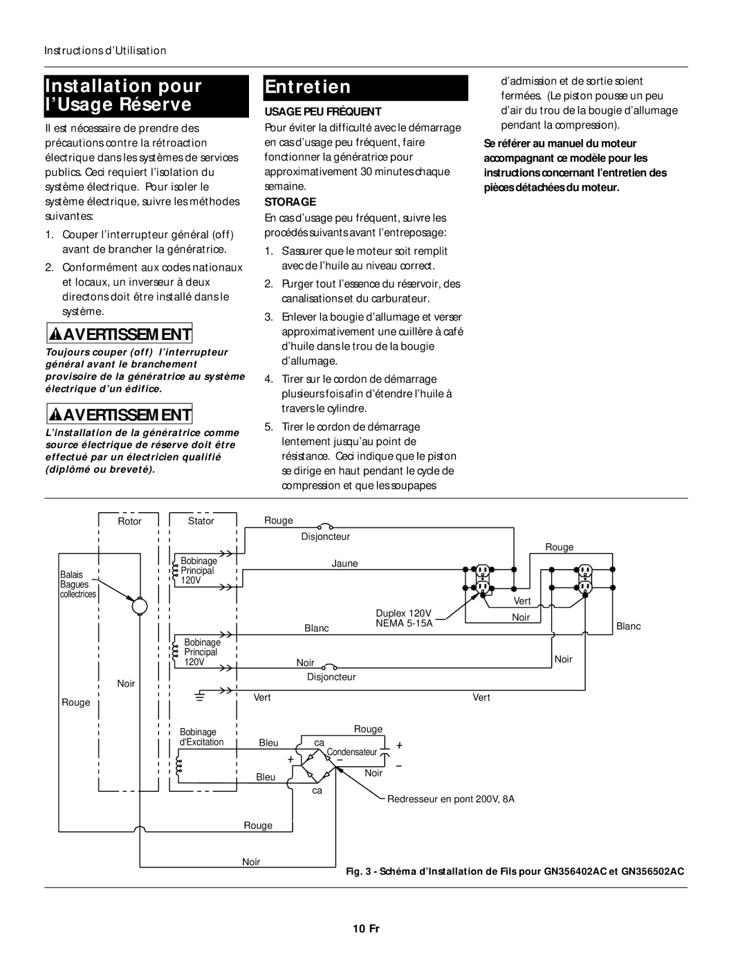 Campbell Hausfeld GN356502AC, GN356602AC Installation pour l’Usage Réserve, Entretien, Usage PEU Fréquent, 10 Fr 