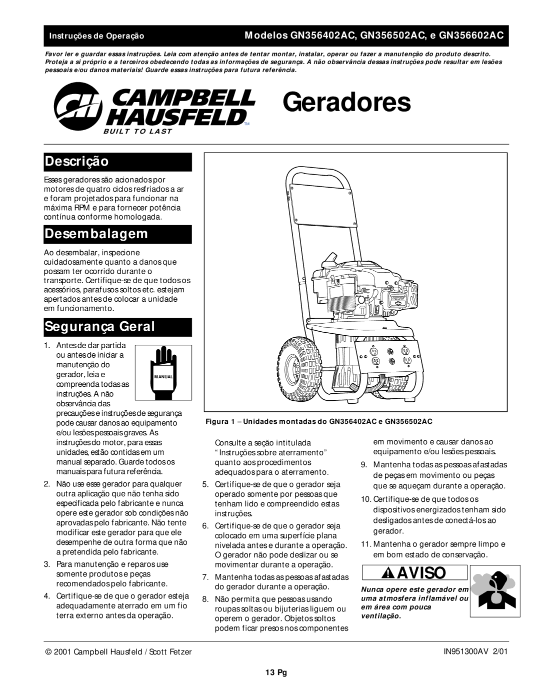 Campbell Hausfeld GN356502AC, GN356602AC, GN356402AC Geradores, Descrição, Desembalagem, Segurança Geral 