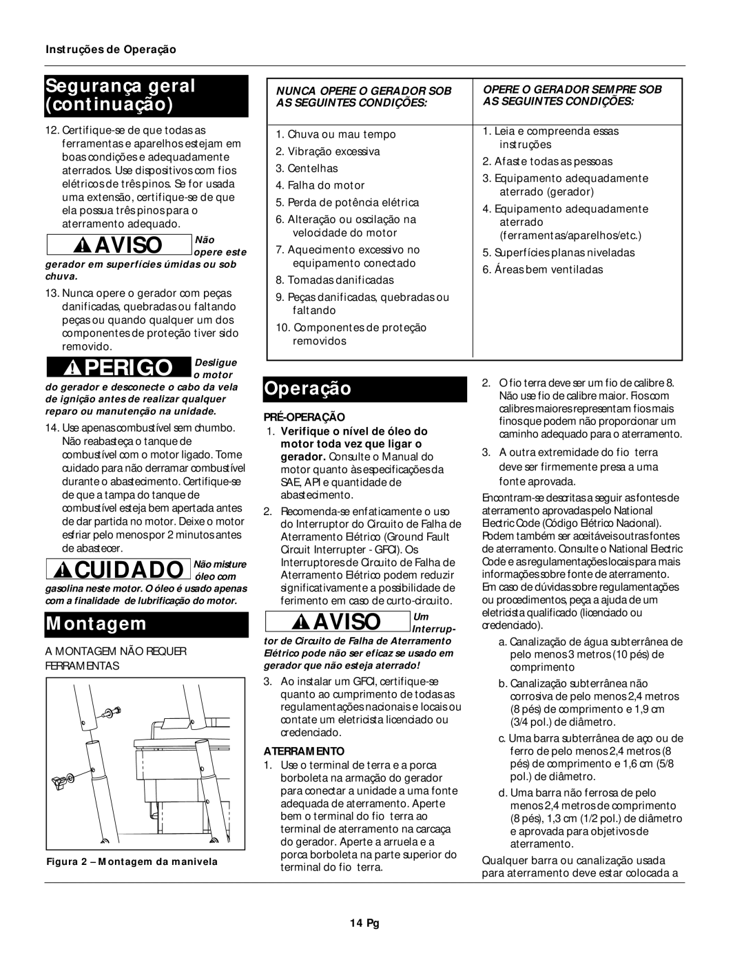 Campbell Hausfeld GN356402AC, GN356602AC, GN356502AC Segurança geral continuação, Montagem, Pré-Operação, Aterramento 