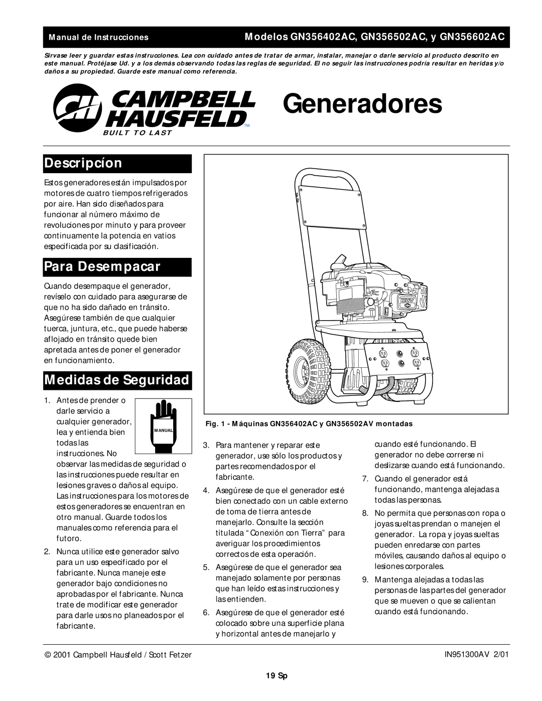 Campbell Hausfeld GN356502AC, GN356602AC, GN356402AC Generadores, Descripcíon, Para Desempacar, Medidas de Seguridad 