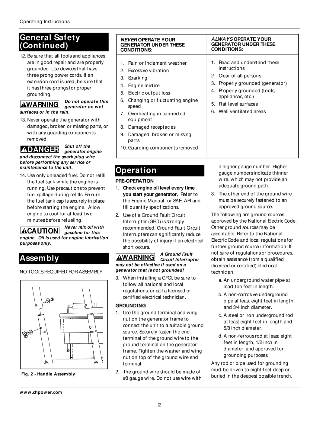 Campbell Hausfeld GN356402AC, GN356602AC, GN356502AC Assembly, Operating Instructions, Pre-Operation, Grounding 