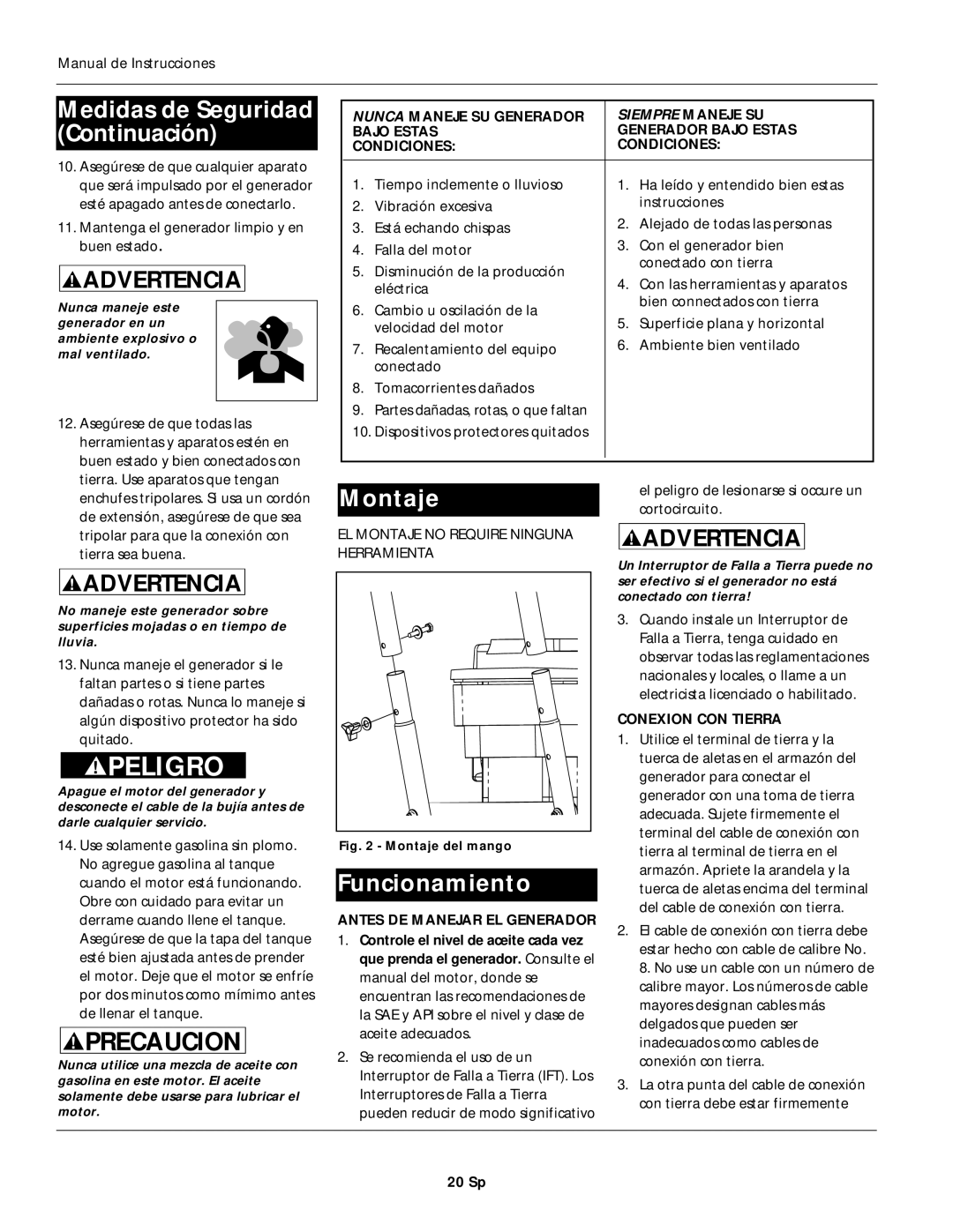 Campbell Hausfeld GN356402AC Medidas de Seguridad Continuación, Montaje, Funcionamiento, Antes DE Manejar EL Generador 