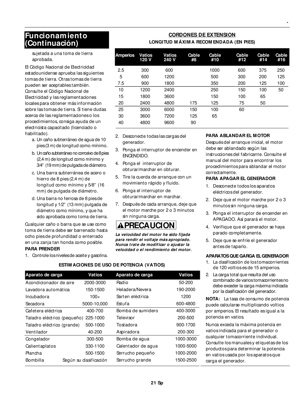 Campbell Hausfeld GN356602AC, GN356502AC, GN356402AC Funcionamiento Continuación, Cordones DE Extension 