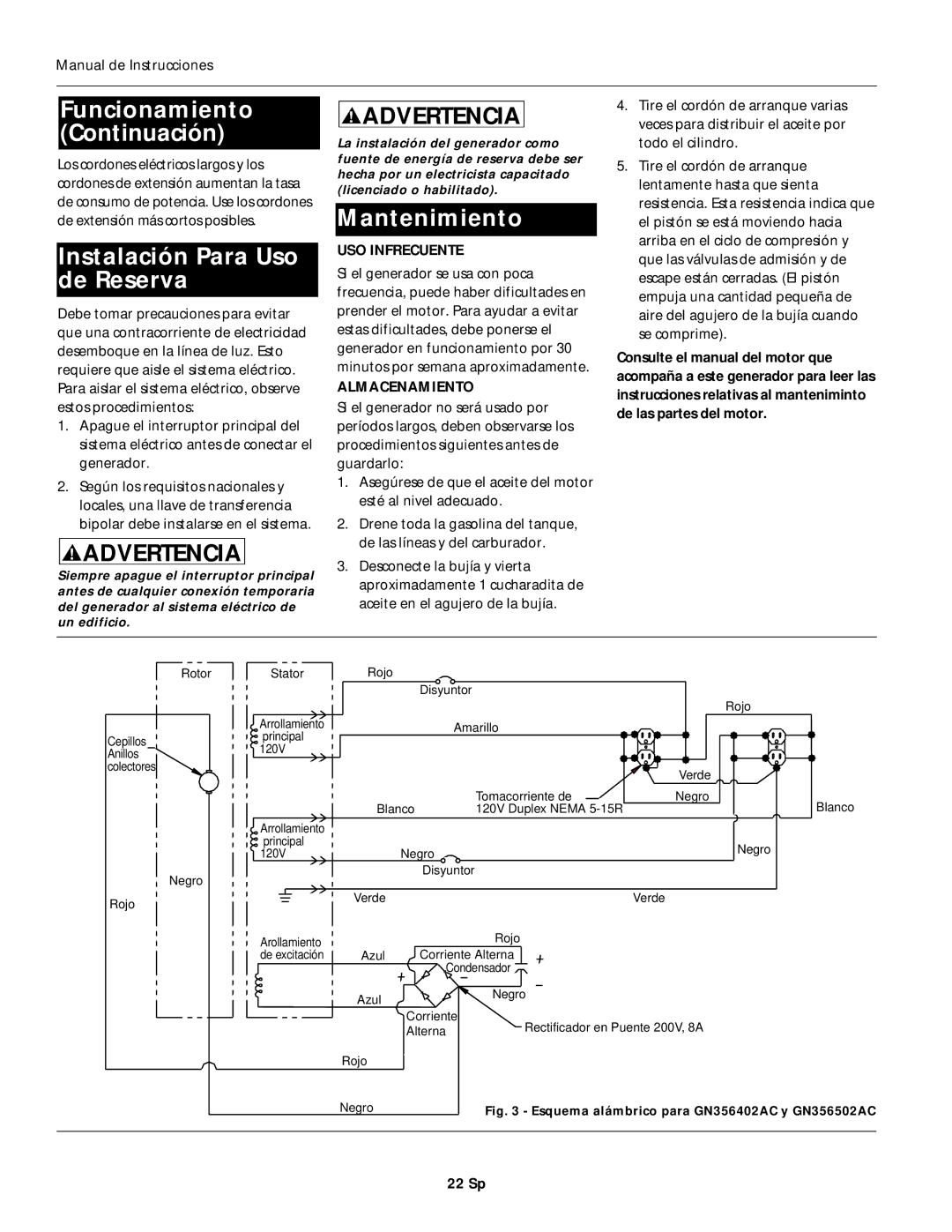 Campbell Hausfeld GN356502AC Instalación Para Uso de Reserva, Mantenimiento, USO Infrecuente, Almacenamiento, 22 Sp 