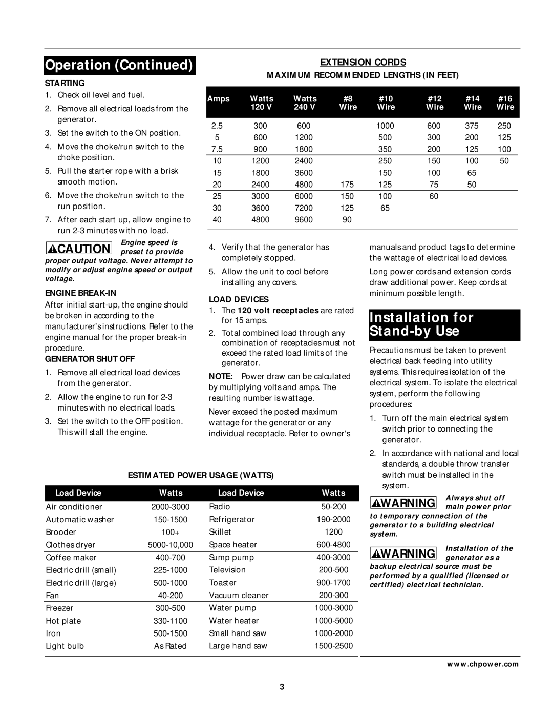 Campbell Hausfeld GN356602AC, GN356502AC, GN356402AC operating instructions Installation for Stand-by Use, Extension Cords 