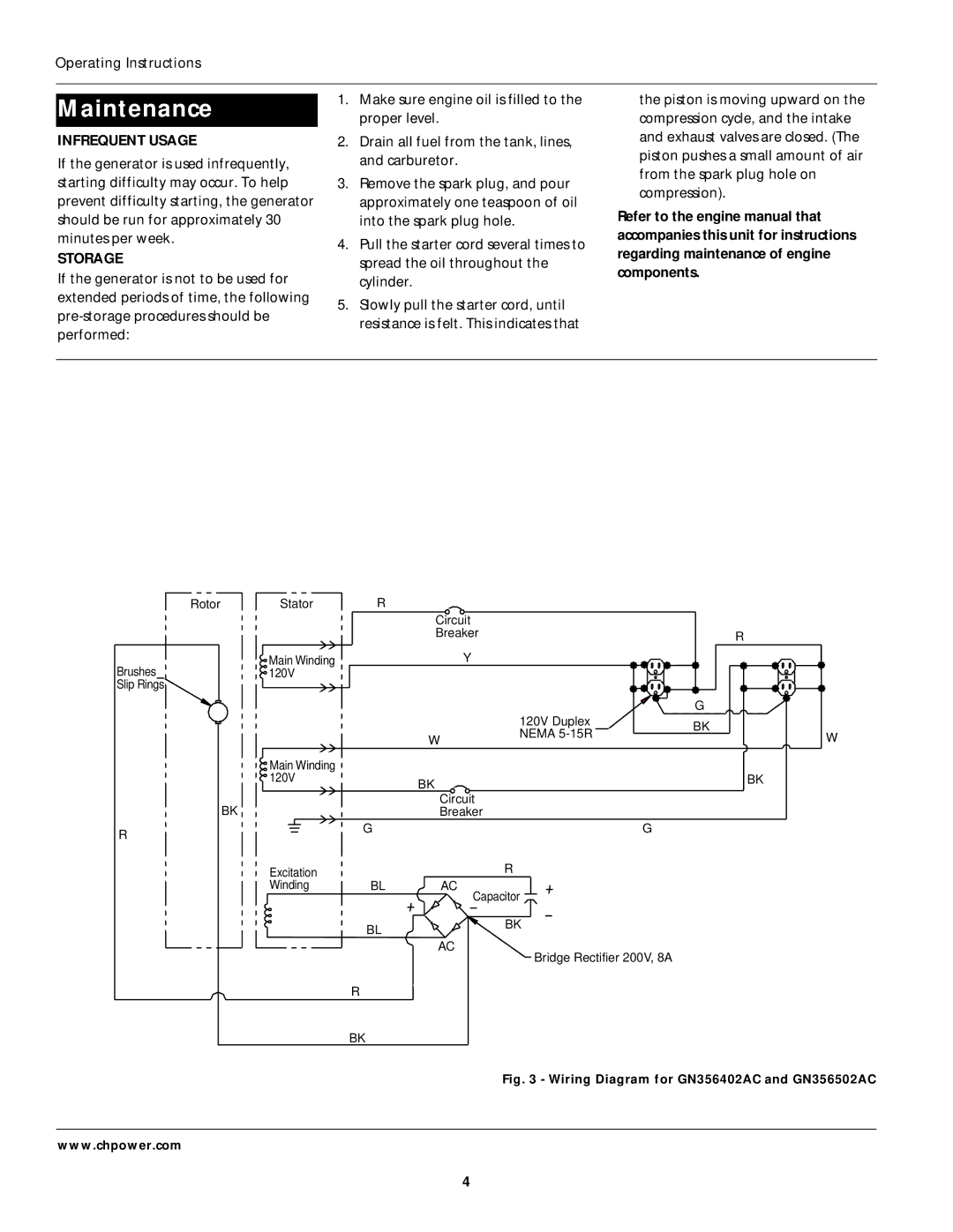 Campbell Hausfeld GN356502AC, GN356602AC, GN356402AC operating instructions Maintenance, Infrequent Usage, Storage 