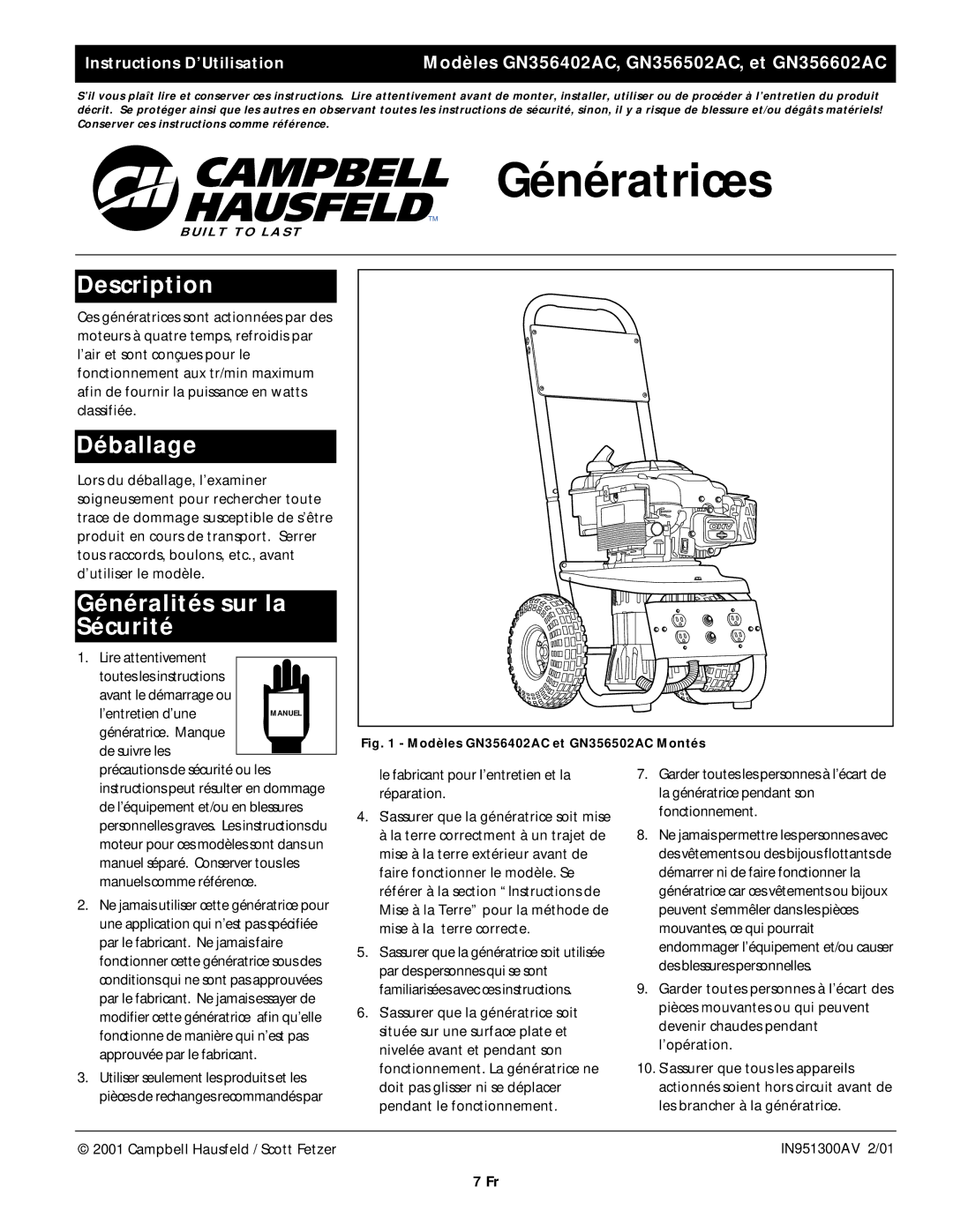 Campbell Hausfeld GN356502AC, GN356602AC, GN356402AC Génératrices, Déballage, Généralités sur la Sécurité 