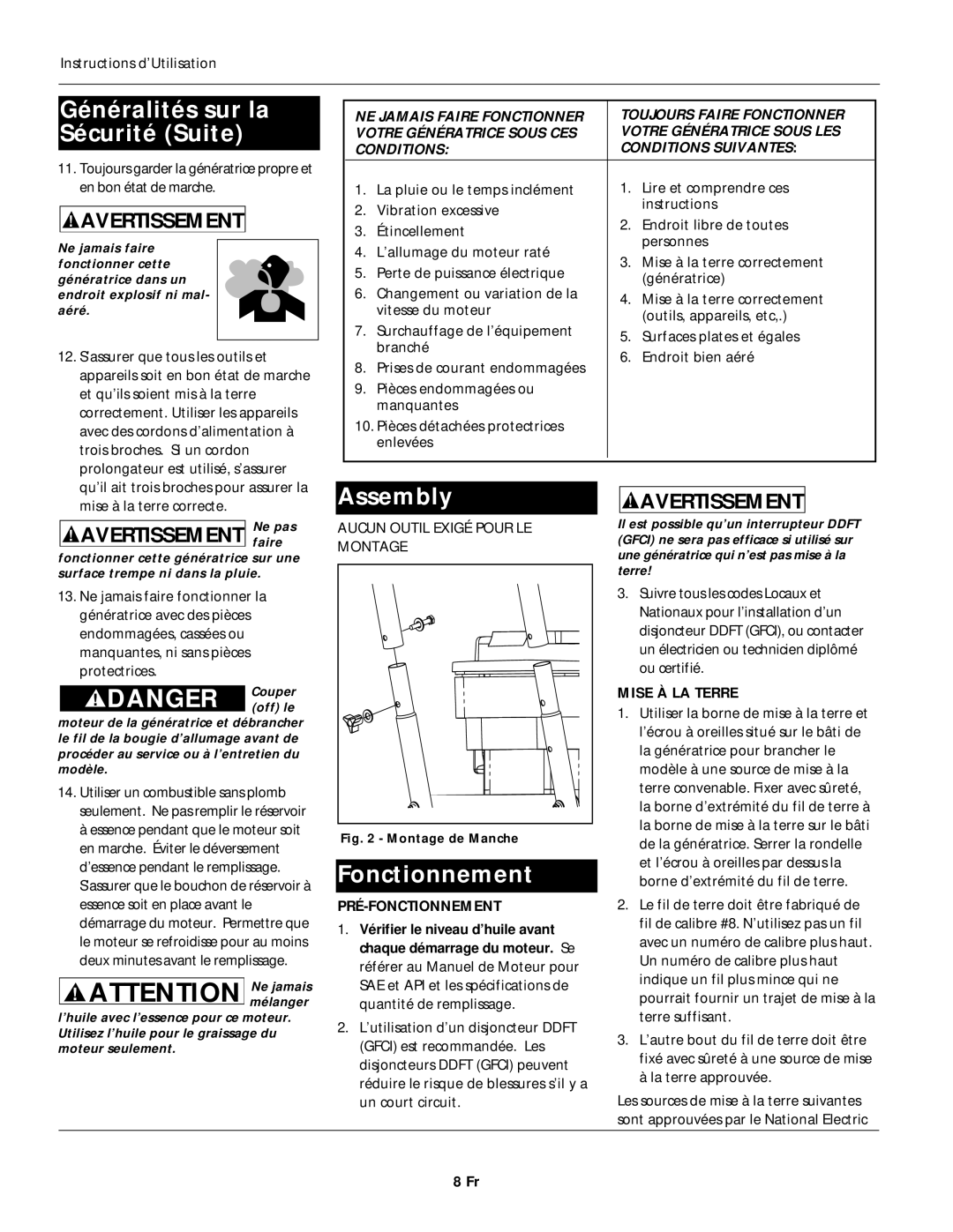 Campbell Hausfeld GN356402AC, GN356602AC Généralités sur la Sécurité Suite, Fonctionnement, Instructions d’Utilisation 