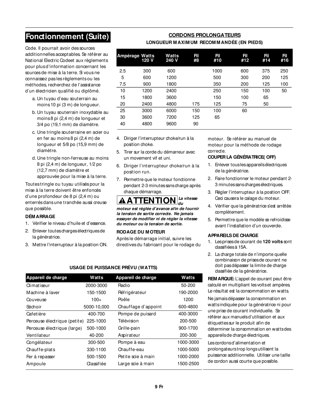 Campbell Hausfeld GN356602AC, GN356502AC, GN356402AC operating instructions Fonctionnement Suite, Cordons Prolongateurs 