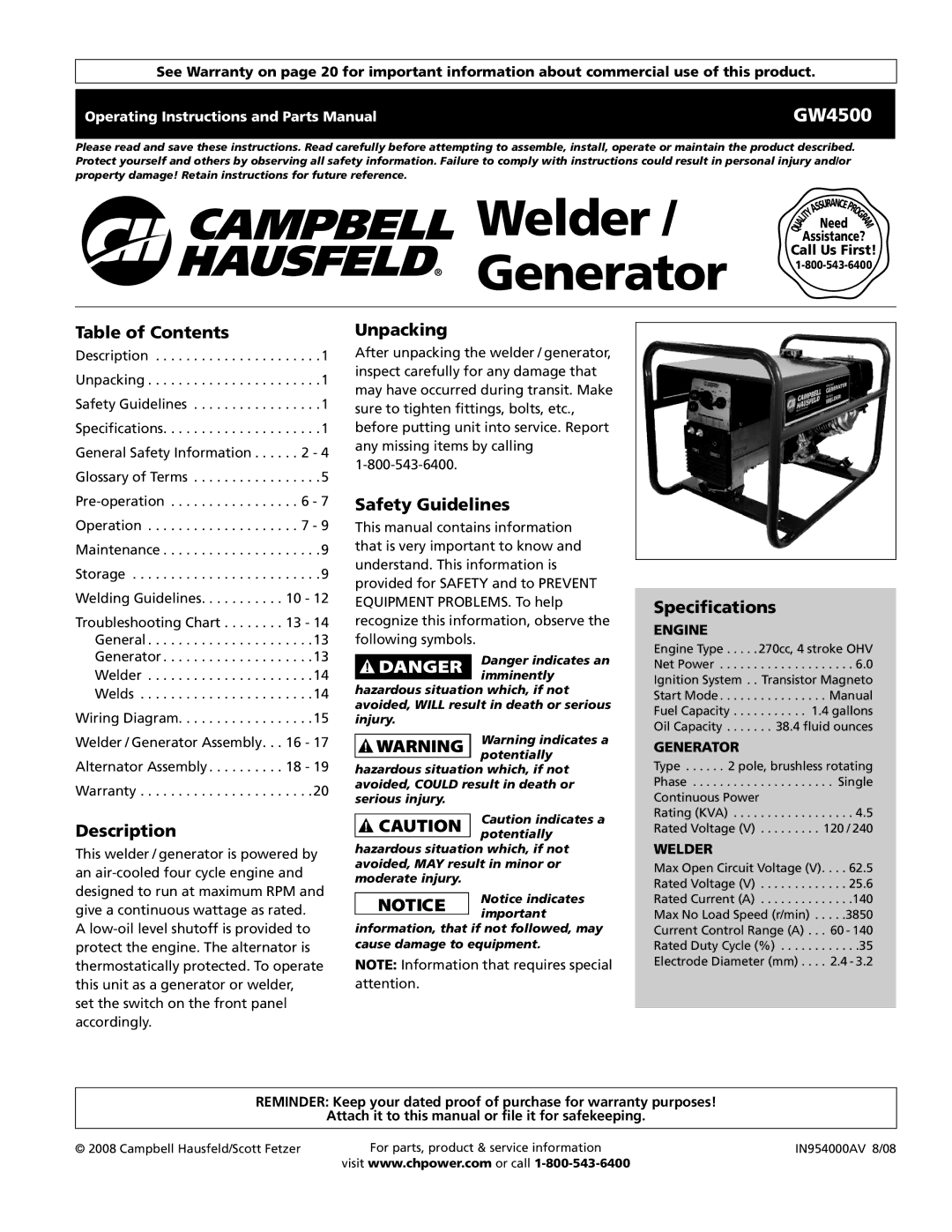 Campbell Hausfeld GW4500 specifications Table of Contents, Description, Unpacking, Safety Guidelines, Specifications 