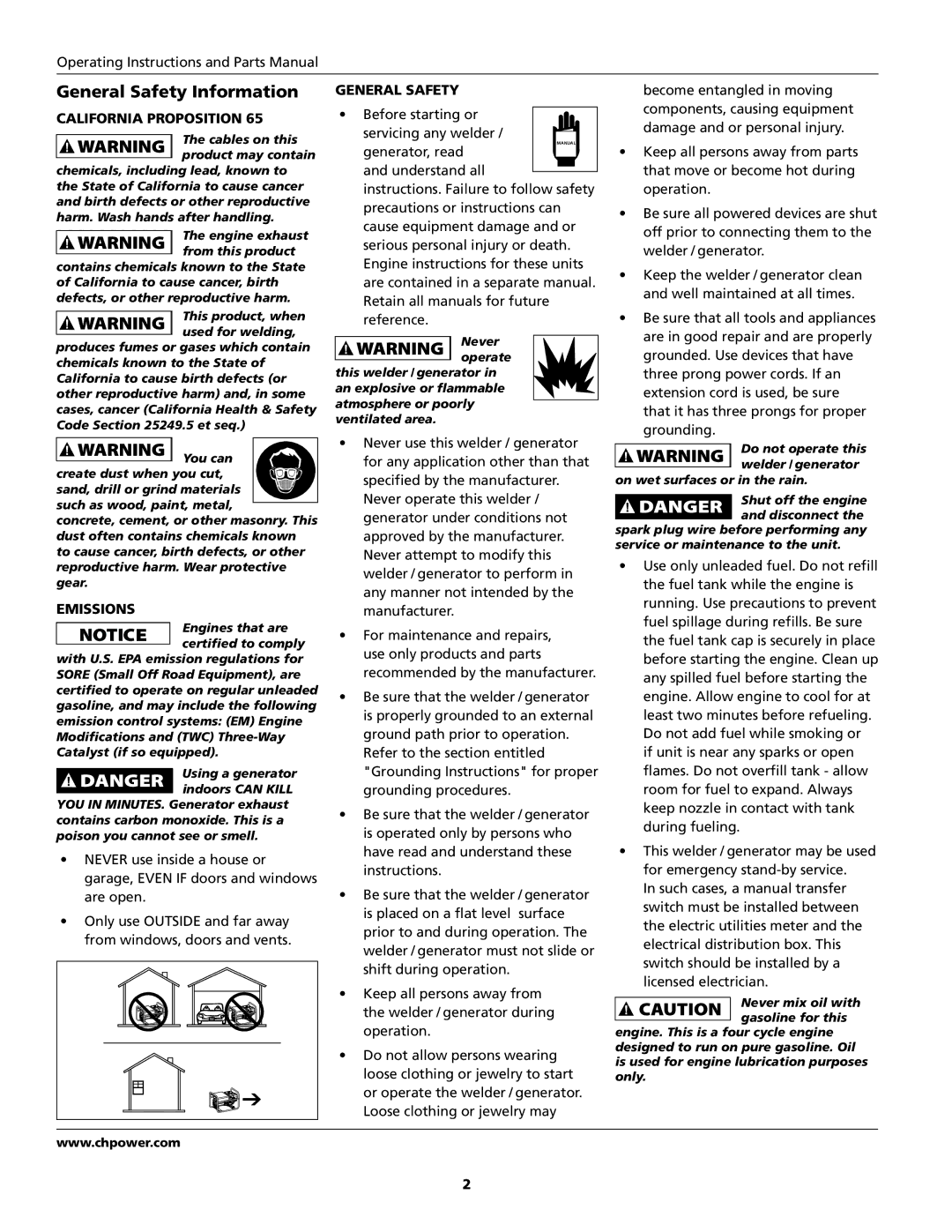 Campbell Hausfeld GW4500 specifications General Safety Information, California Proposition, Emissions 