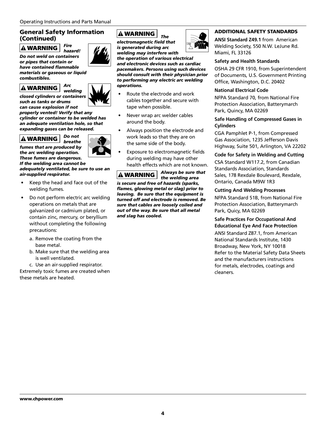 Campbell Hausfeld GW4500 specifications Additional Safety Standards 