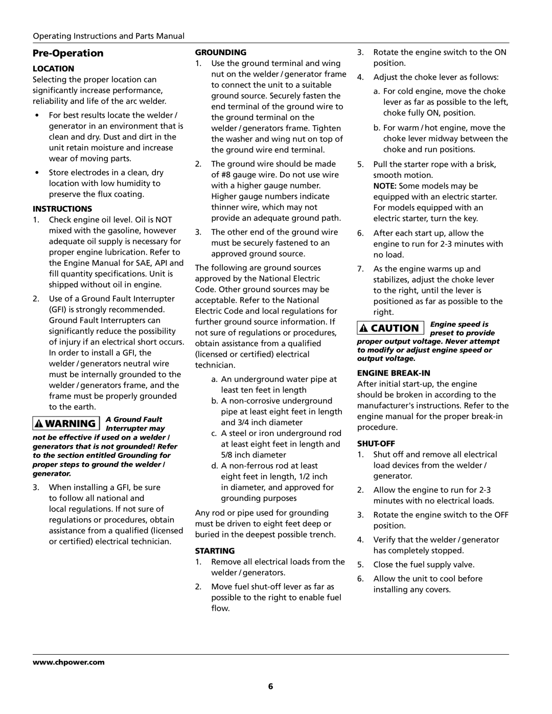 Campbell Hausfeld GW4500 specifications Pre-Operation 