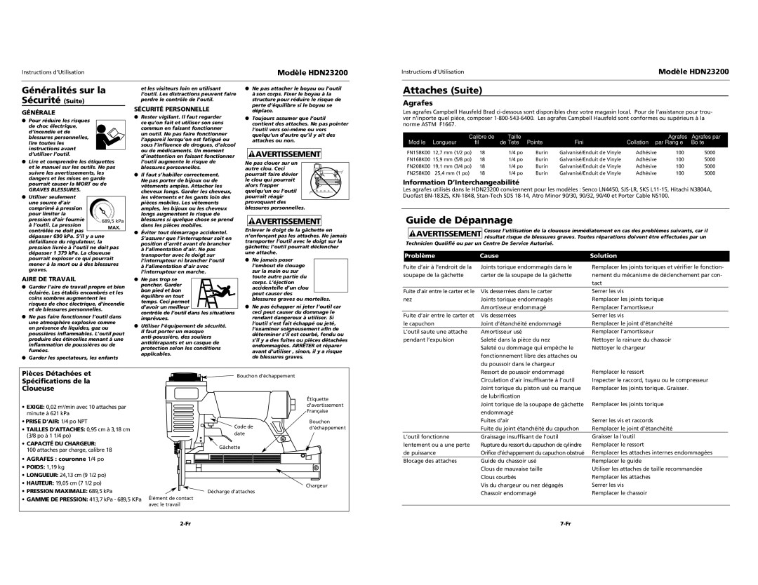 Campbell Hausfeld HDN23200 specifications Attaches Suite, Guide de Dépannage, Généralités sur la Sécurité Suite 