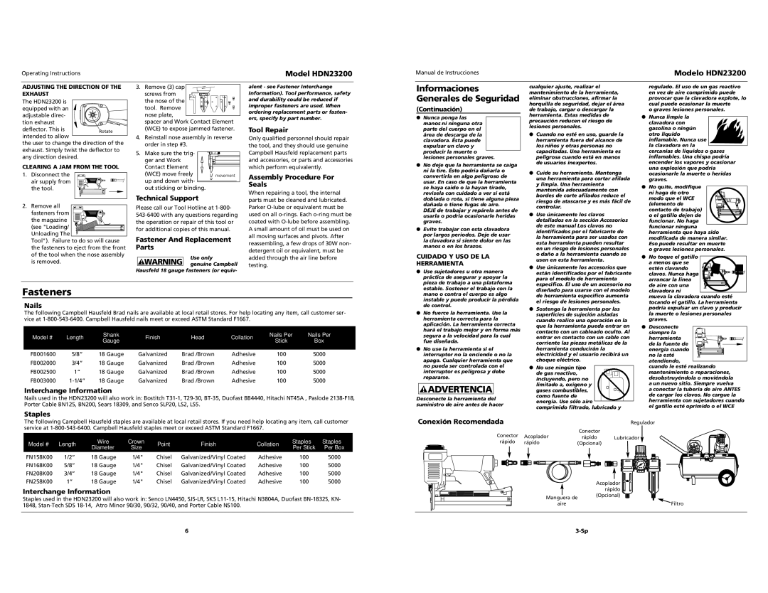 Campbell Hausfeld HDN23200 specifications Fasteners 