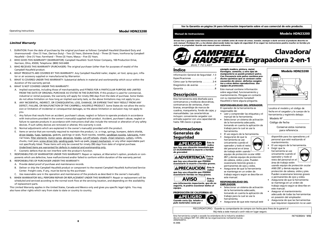 Campbell Hausfeld HDN23200 specifications Precaucion Ésto le, Índice, Descripción, Informaciones Generales de Seguridad 