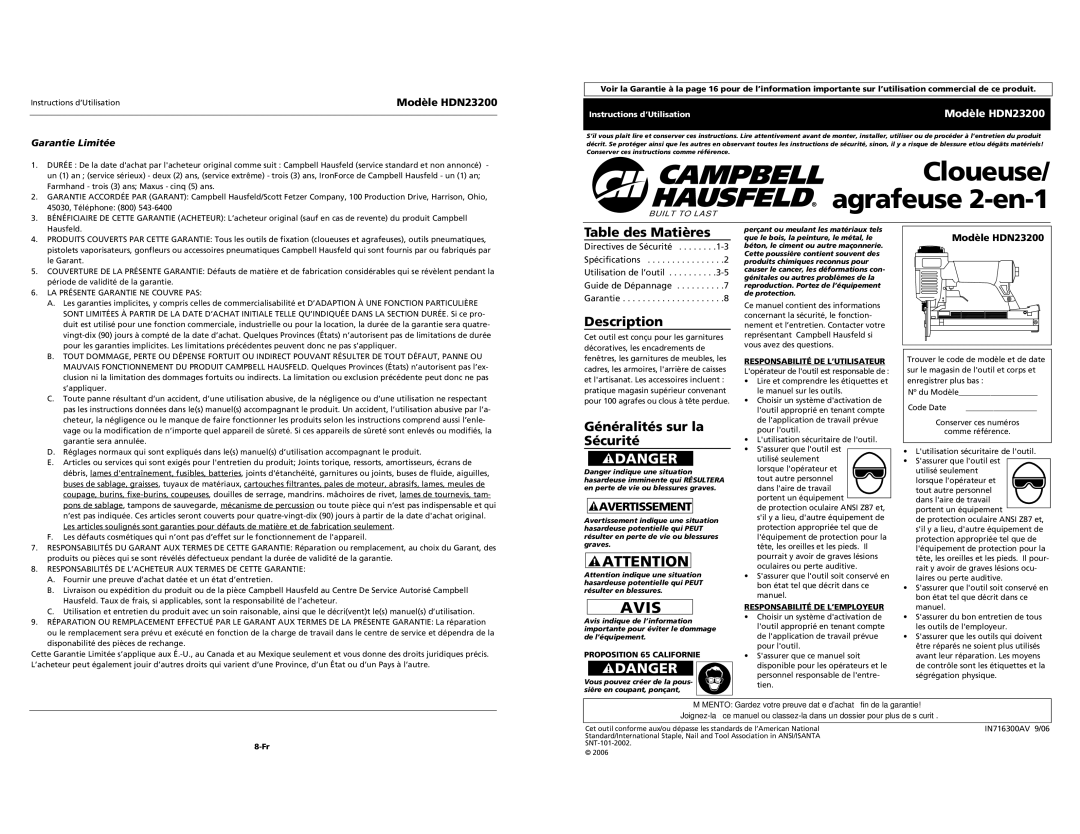 Campbell Hausfeld specifications Table des Matières, Généralités sur la Sécurité, Modèle HDN23200, Garantie Limitée 