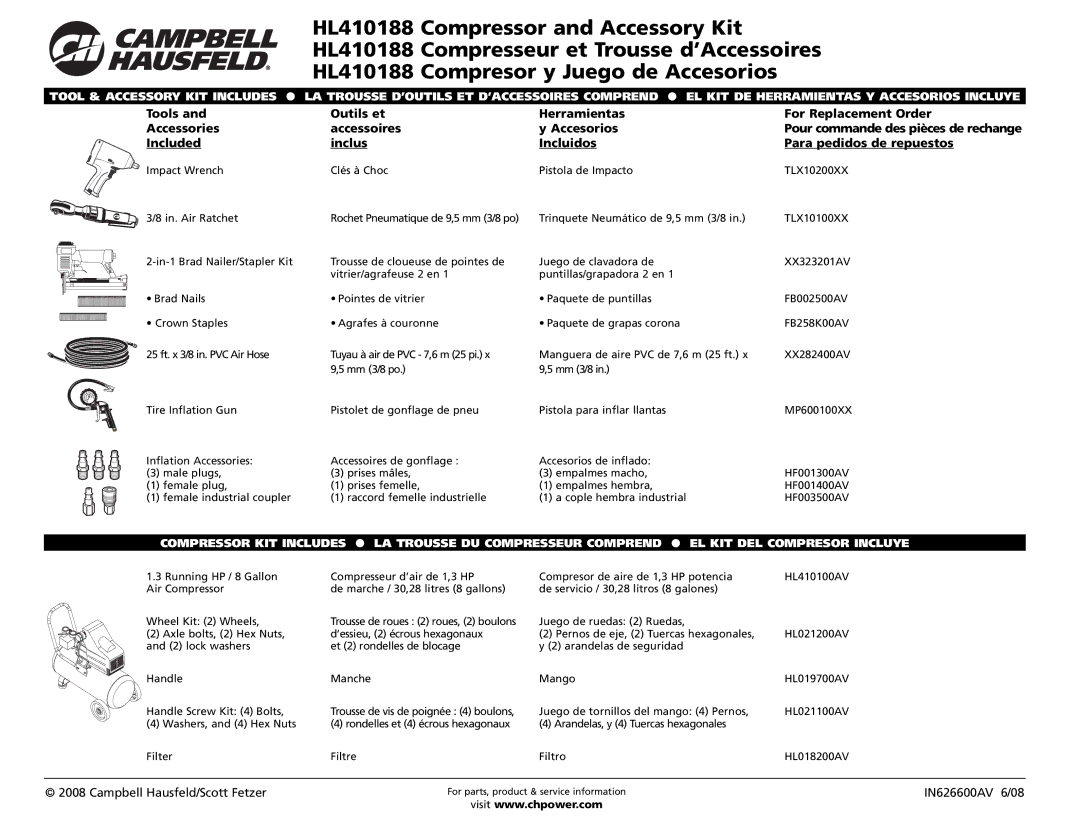 Campbell Hausfeld HL410188 manual Campbell Hausfeld/Scott Fetzer 