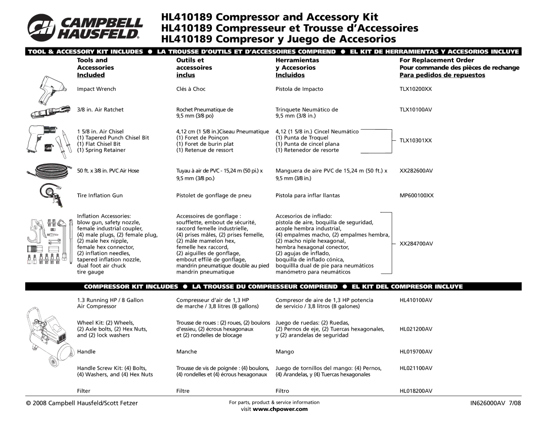 Campbell Hausfeld HL410189 manual Campbell Hausfeld/Scott Fetzer 