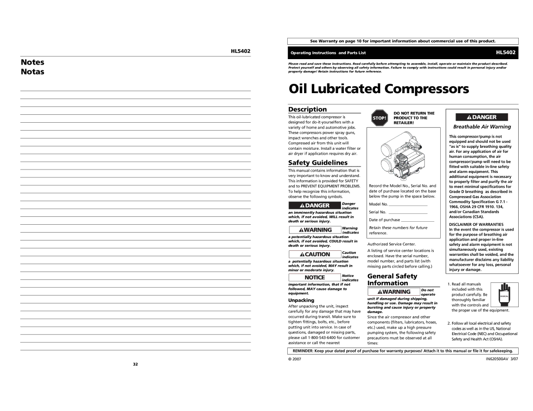 Campbell Hausfeld HL5402 operating instructions Description, Safety Guidelines, General Safety Information, Unpacking 